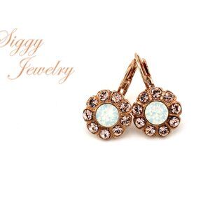 Austrian Crystal Daisy Flower Earrings in White Opal with Silk Petals, Rose Gold